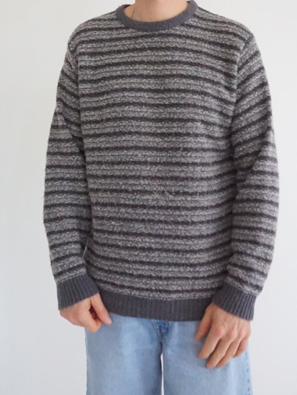 Denver Hayes Grey Charcoal Marled Striped Knit Business Casual Office Sweater L